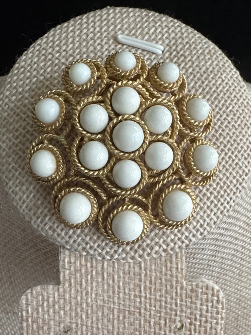 VTG Crown Trifari Saturn Milk Glass Flower Brooch